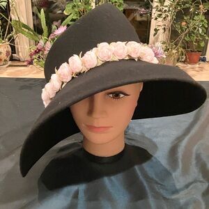 Black Wide-Brim Hat with Pink Floral Band